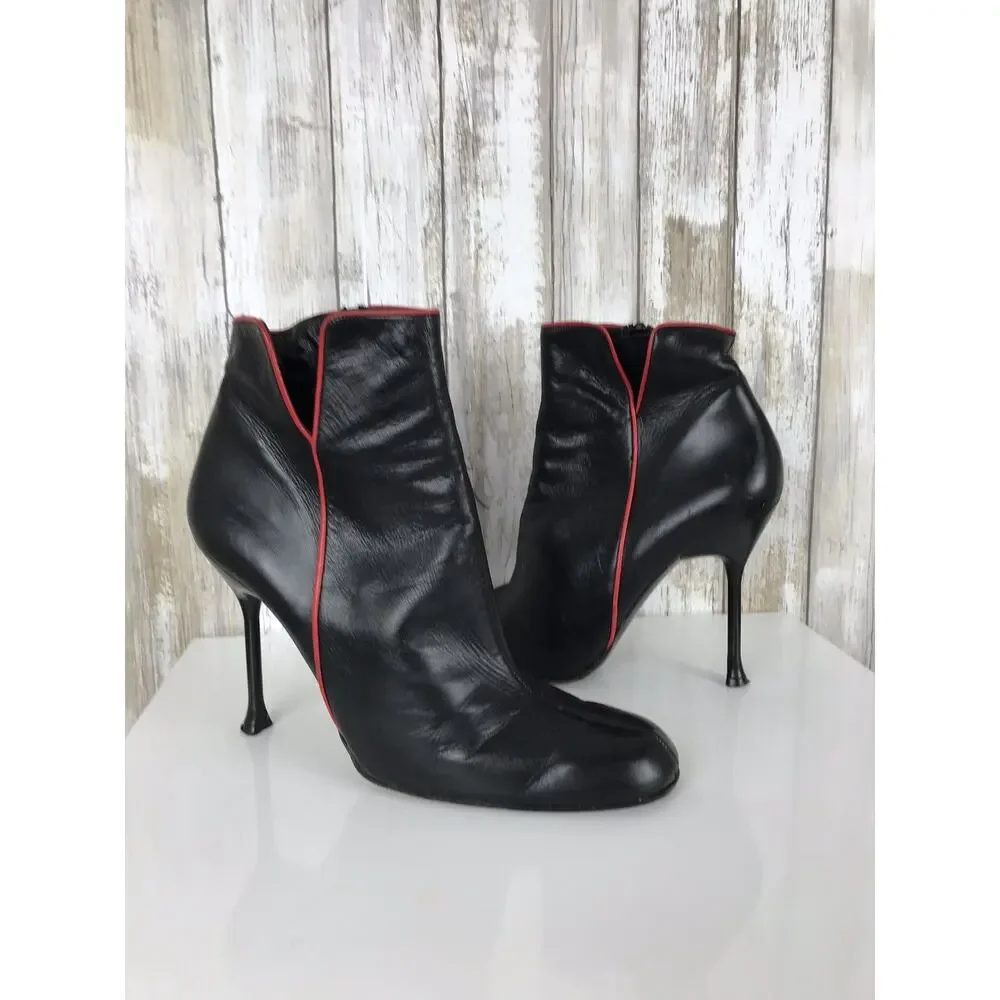 VINTAGE Karl Lagerfeld Paris ZILON Black Red Stiletto Heel Boots 7 FRANCE Y2K